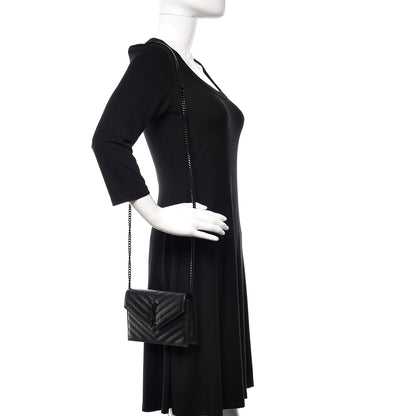 Saint Laurent Grain De Poudre Matelasse Chevron Monogram Envelope Chain Wallet Black 2 of 10