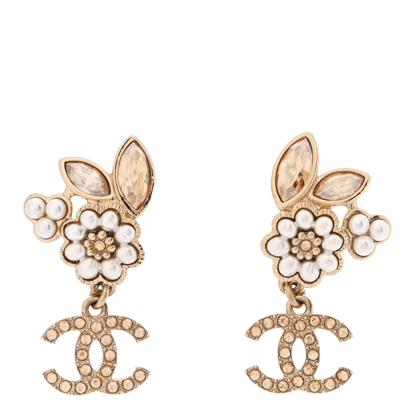 Pearl Crystal Drop CC Earrings Gold White