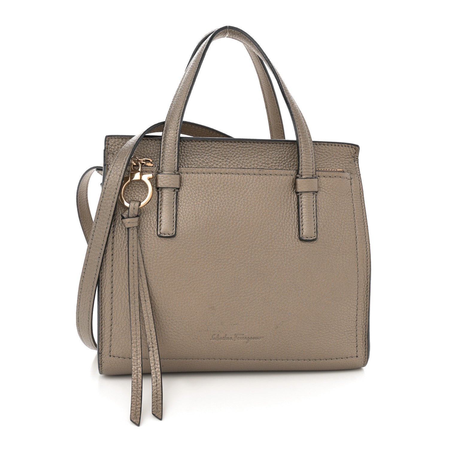 Salvatore Ferragamo Metallic Hammered Calfskin Double Handle Small Amy Tote Graphite 1 of 13