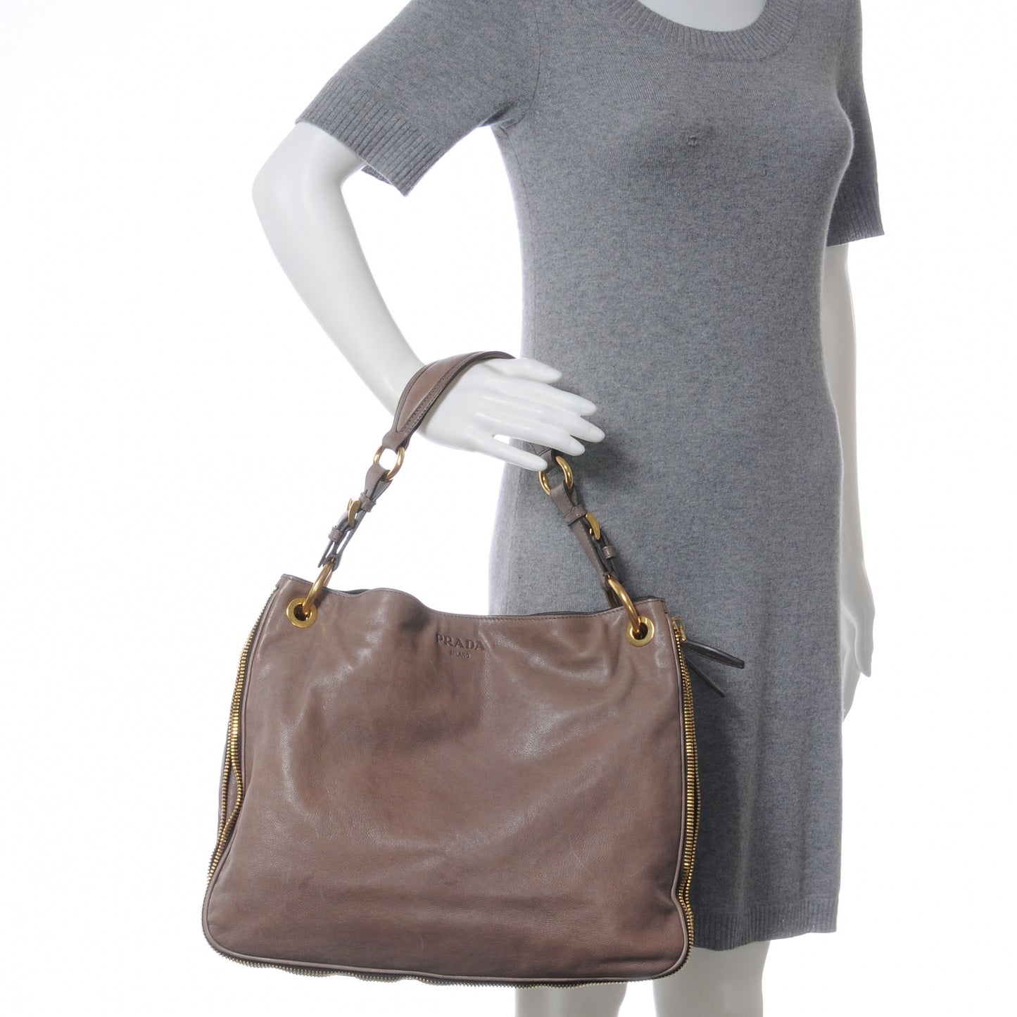 Glace Calf Zippers Shoulder Bag Argilla