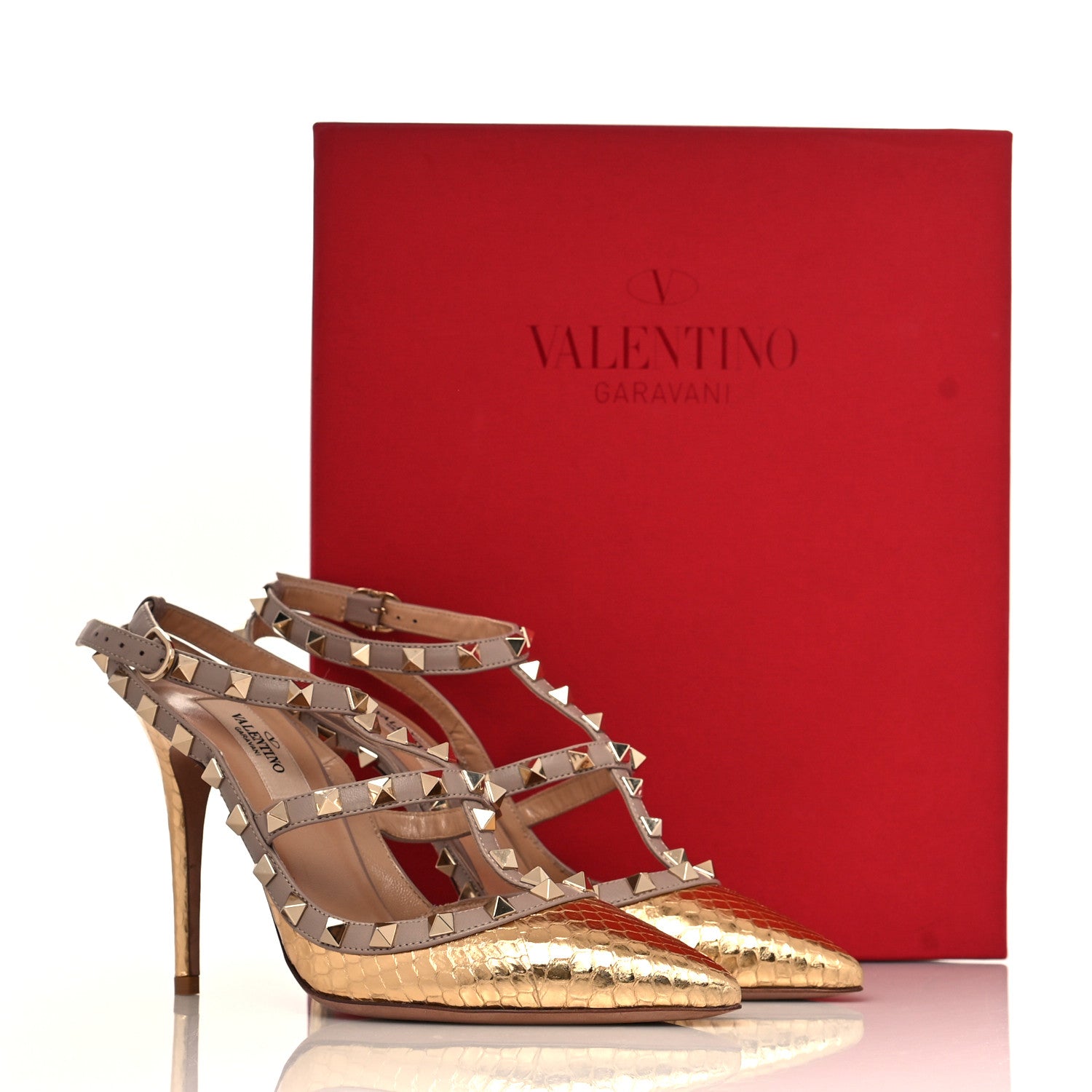 Valentino Garavani Metallic Elaphe Rockstud Ankle Strap 100mm Pumps 37 Gold Poudre 9 of 9