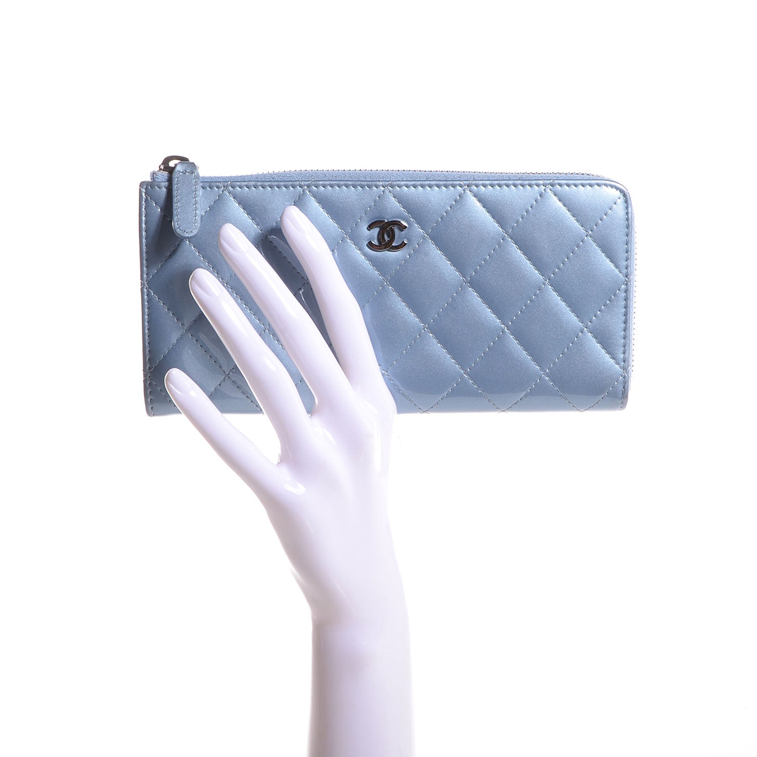 Chanel Patent Quilted Zip Wallet Light Blue 2 of 9