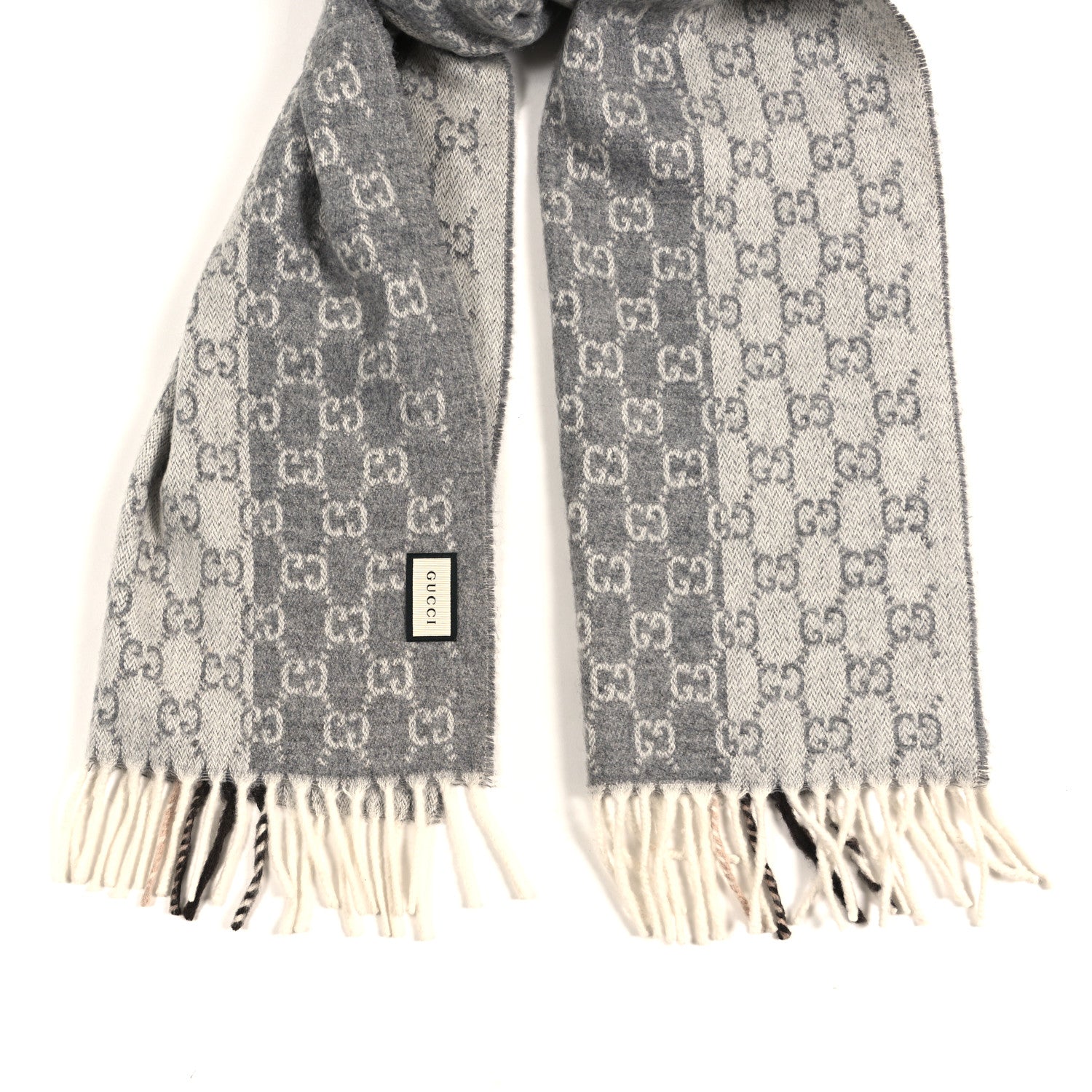 Gucci Cashmere Wool Monogram Web Fringe Scarf Grey Beige Brown 2 of 3