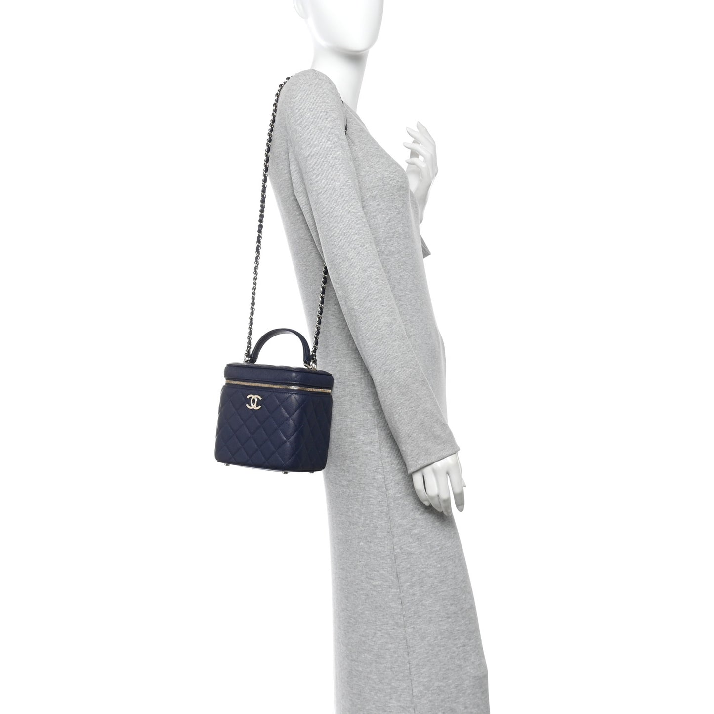 Caviar Quilted Small Top Handle Vanity Case With Chain Navy Blue