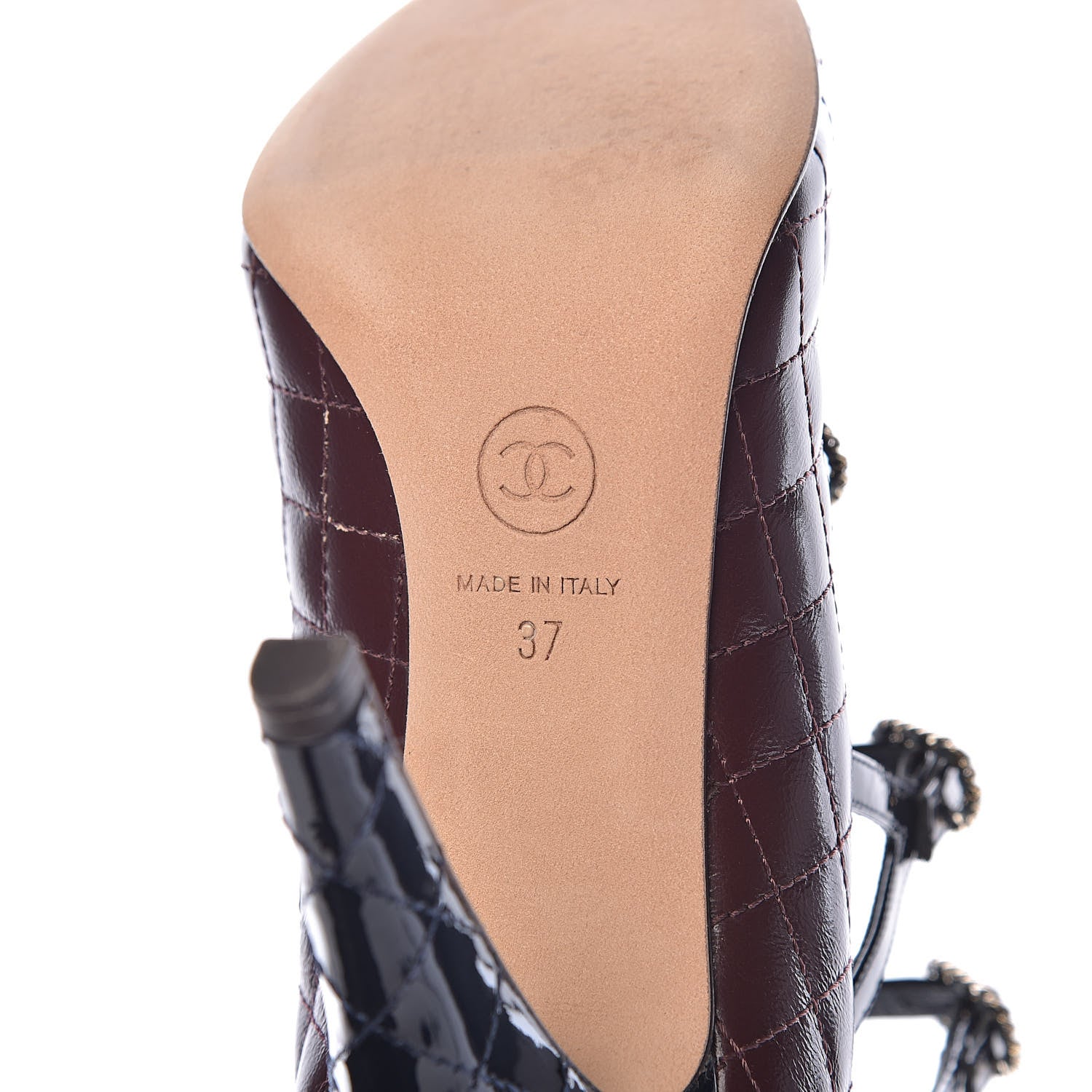 Chanel Patent Calfskin Quilted CC Cap Toe Pumps 37 Burgundy Navy 8 of 12