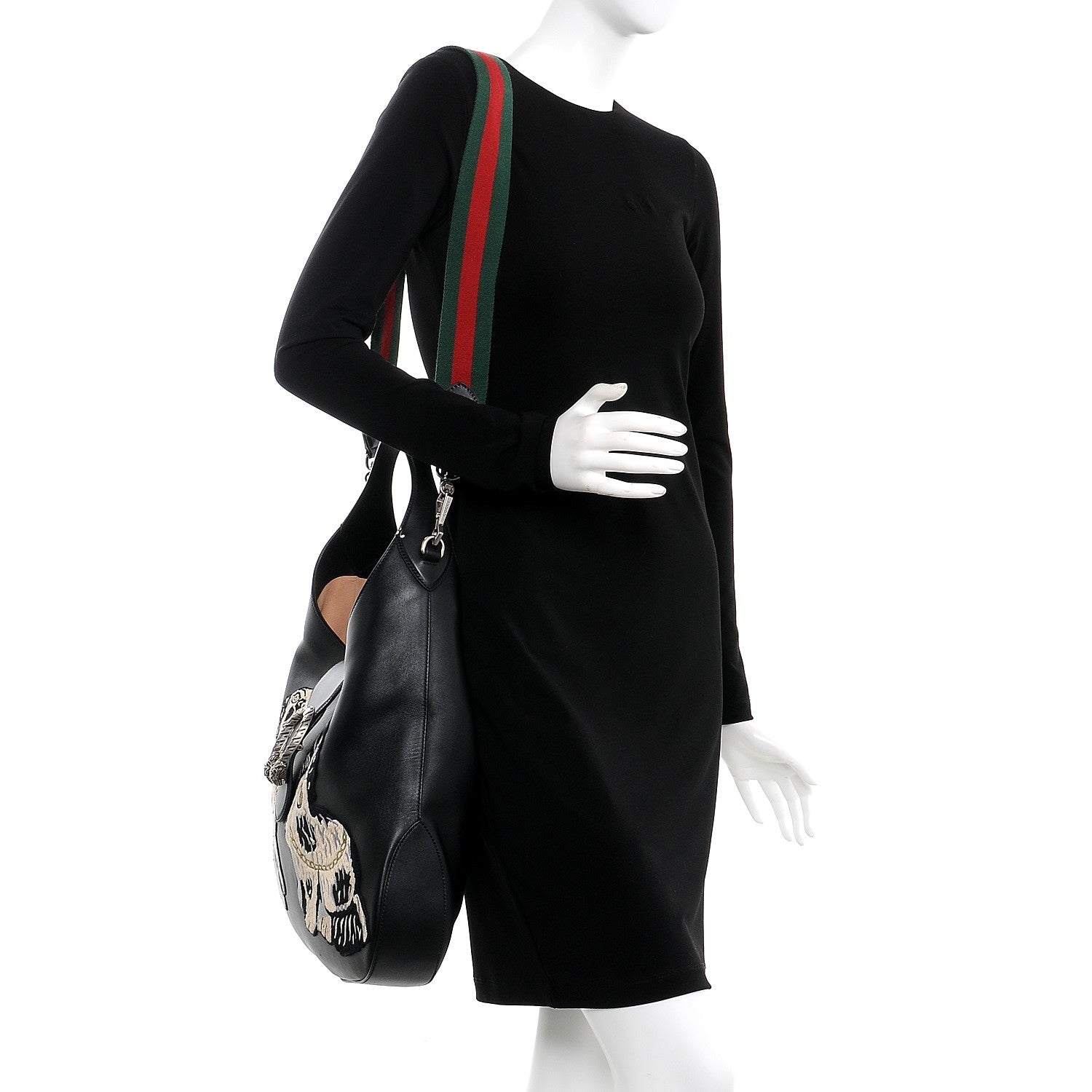 Gucci Calfskin Web Dog Embroidered Large Dionysus Hobo Black 2 of 8