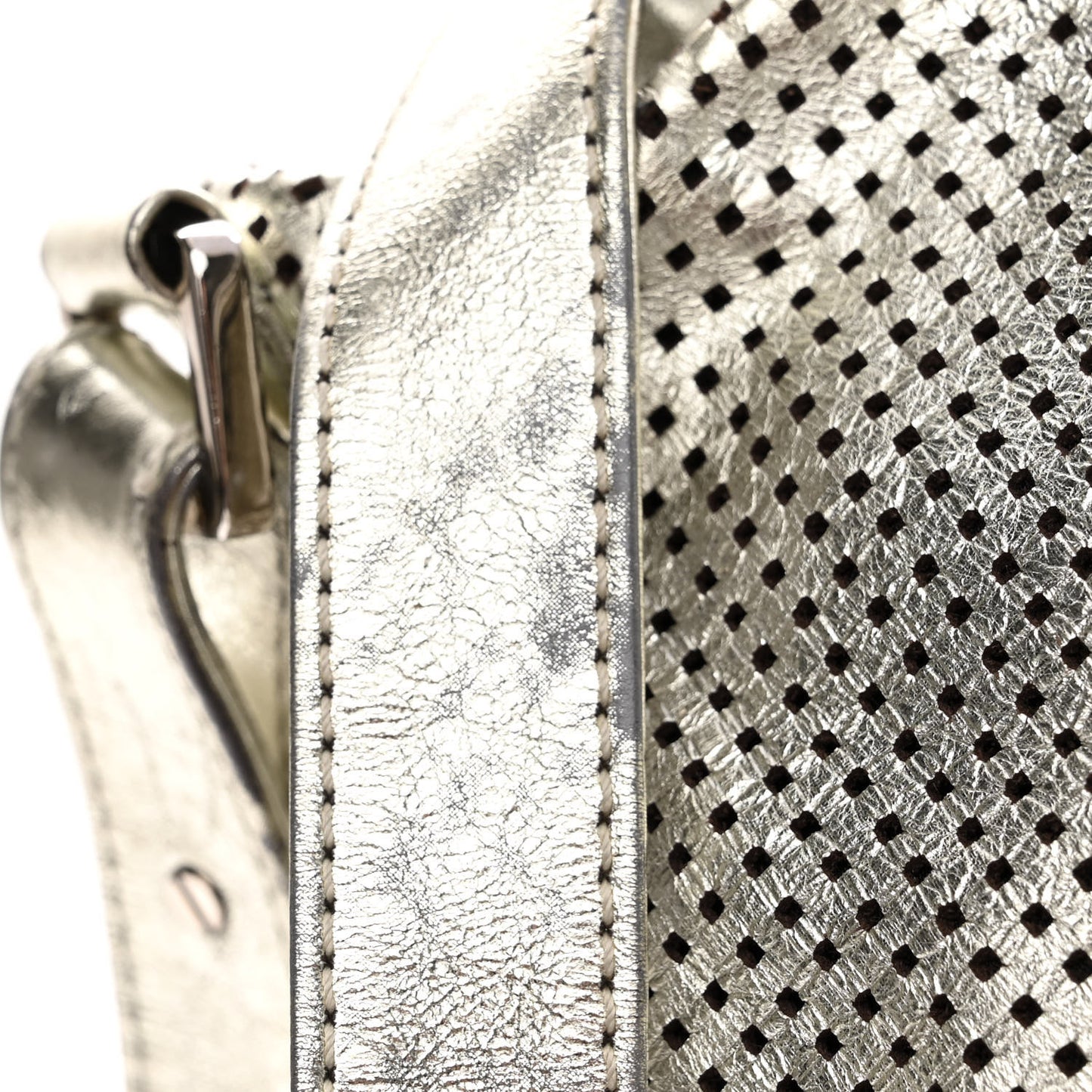 Metallic Glazed Calfskin Perforated Large Rodeo Drive Tote Silver