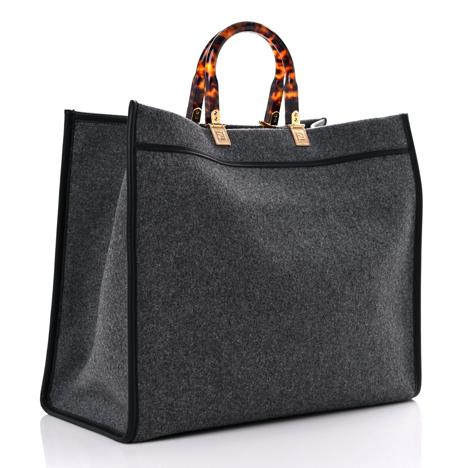 Fendi Melange Flannel Plexiglass Satin Logo Embroidered Threaded Edge Large Fendi Sunshine Shopper Tote Grigio Black 2 of 12
