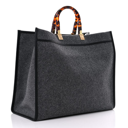Fendi Melange Flannel Plexiglass Satin Logo Embroidered Threaded Edge Large Fendi Sunshine Shopper Tote Grigio Black 2 of 12