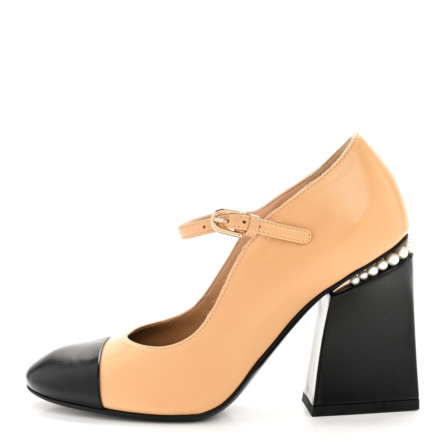Chanel Shiny Goatskin Pearls Cap Toe Open Slingback Pumps 36 Beige Black 1 of 10