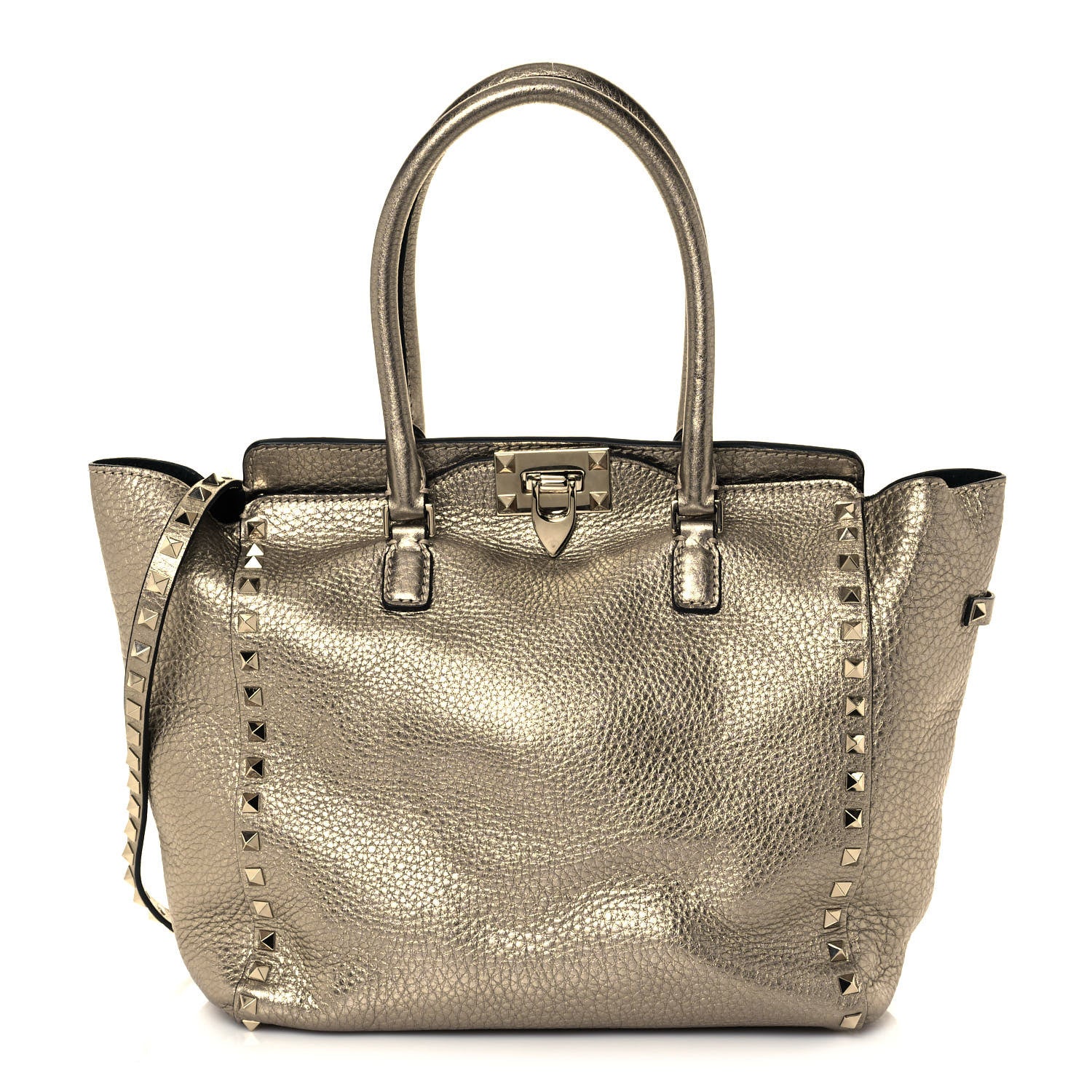 Valentino Garavani Metallic Grained Calfskin Rockstud Double Handle Tote Sasso 1 of 14