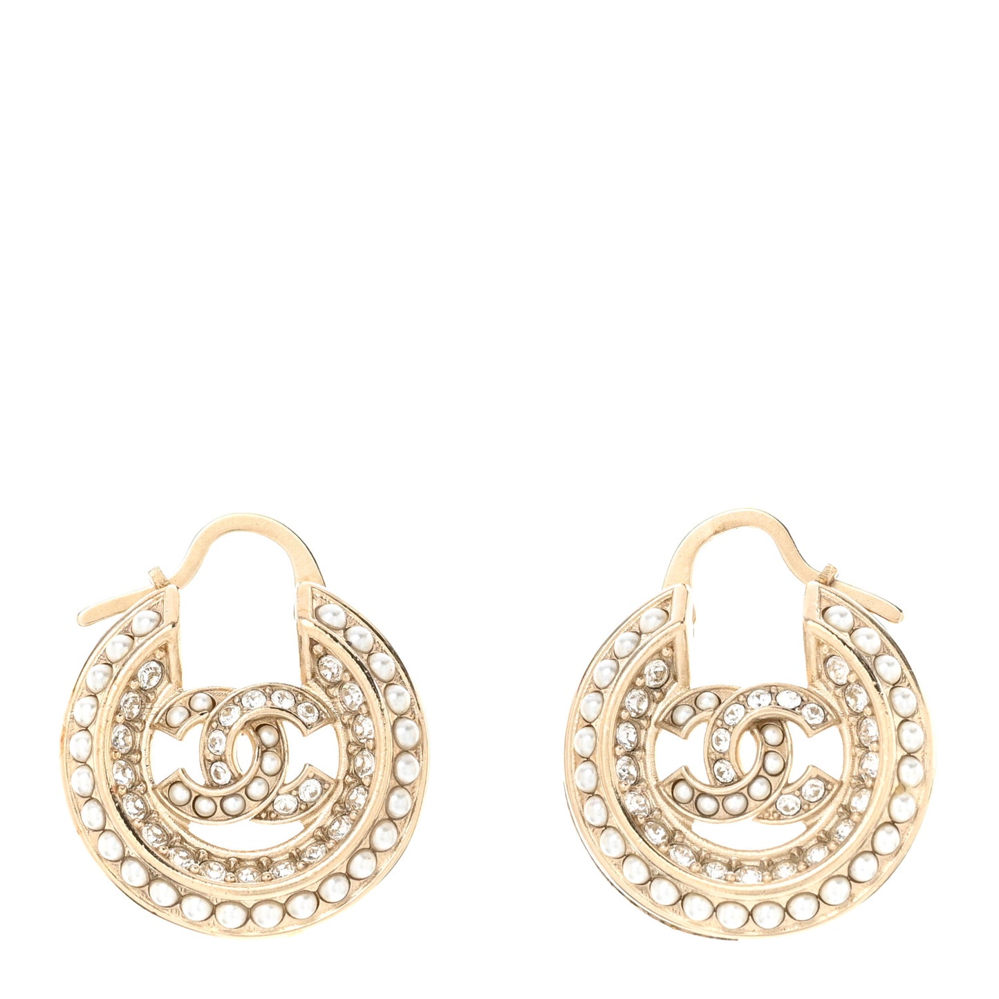 Metal Crystal Pearl CC Hoop Earrings Gold
