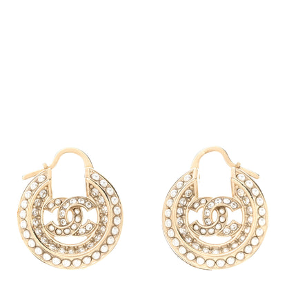 Chanel Metal Crystal Pearl CC Hoop Earrings Gold 1 of 5