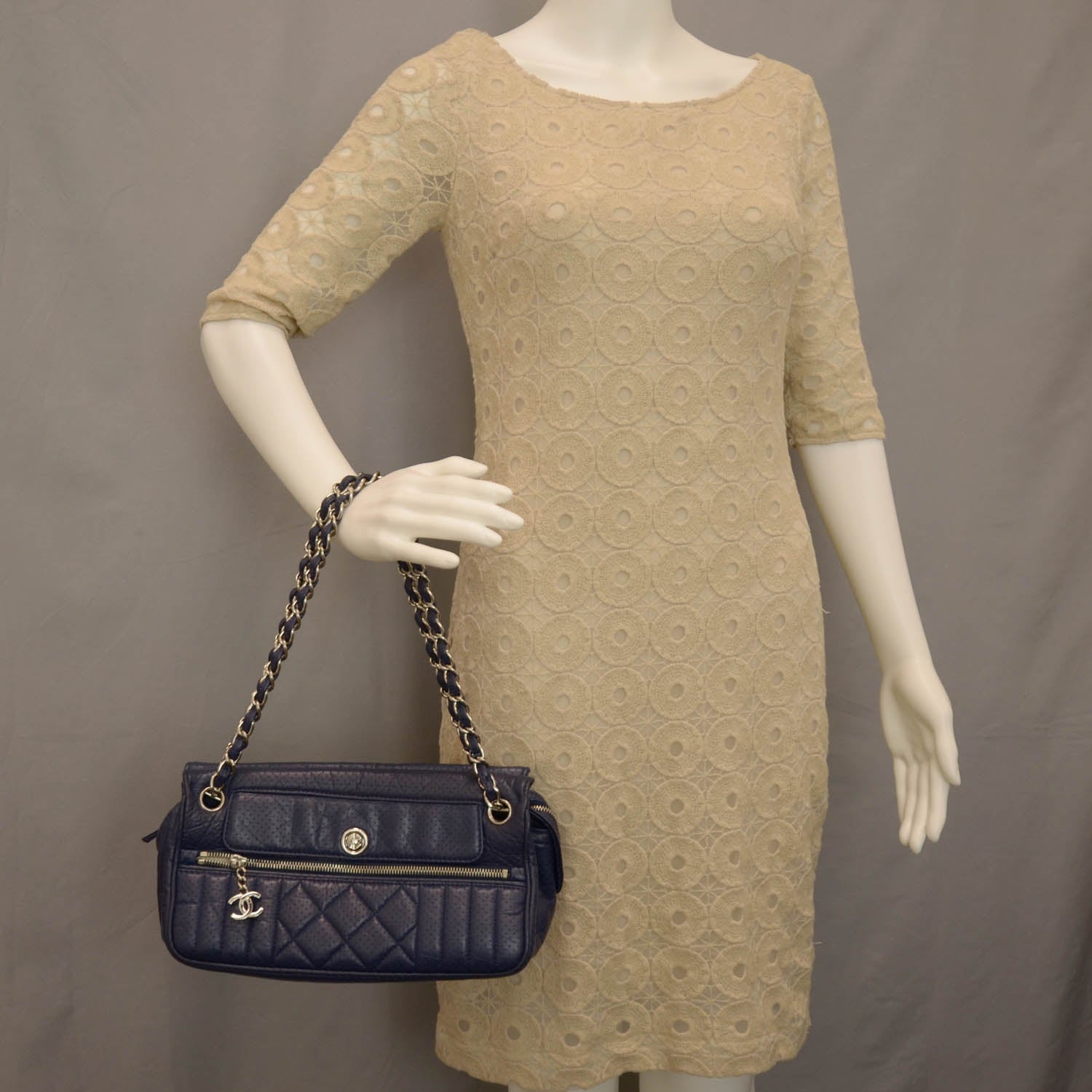 Chanel Calfskin Perforated 50's Satchel Marine Fonce 2 of 8