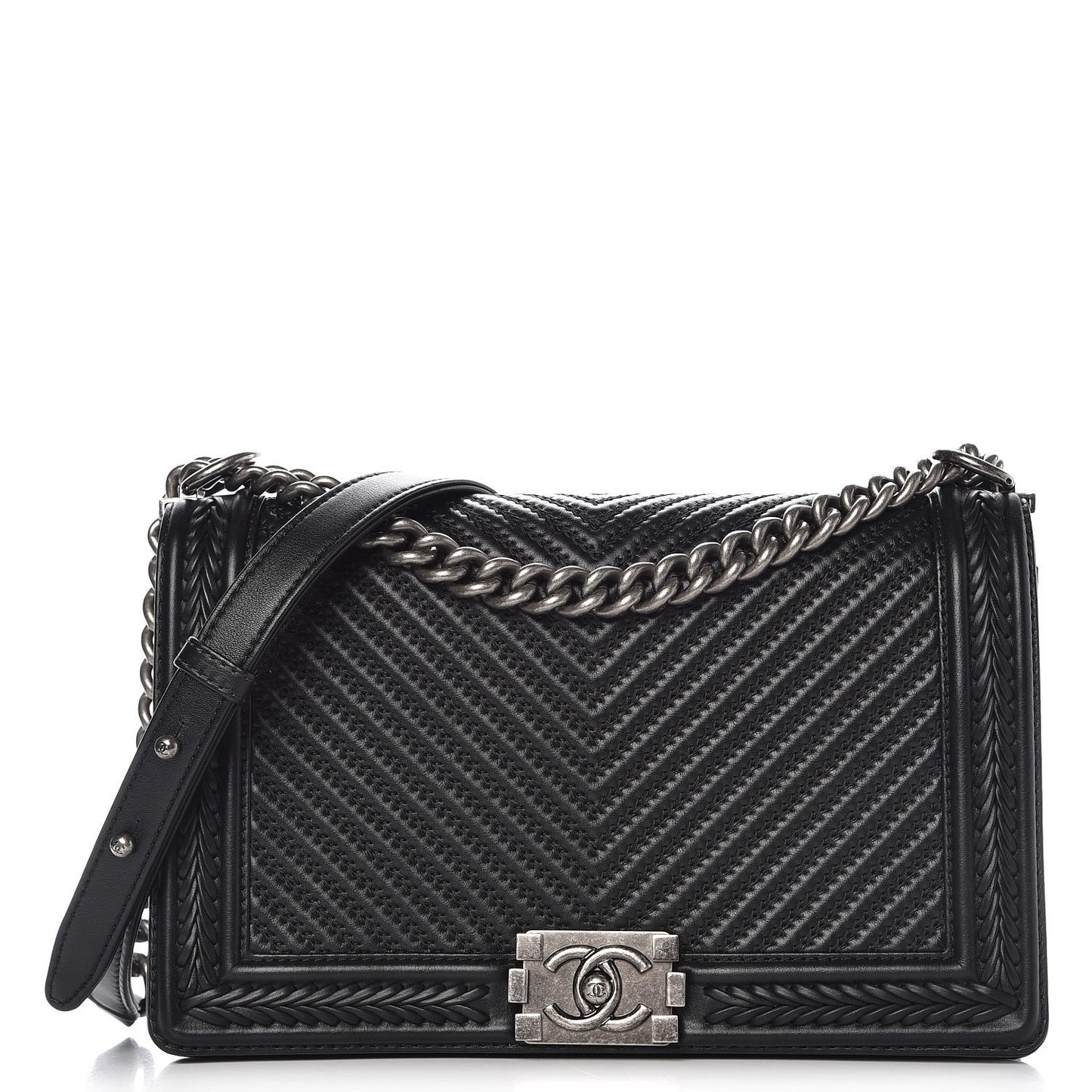 Calfskin Chevron Quilted New Medium Braided Boy Flap Black
