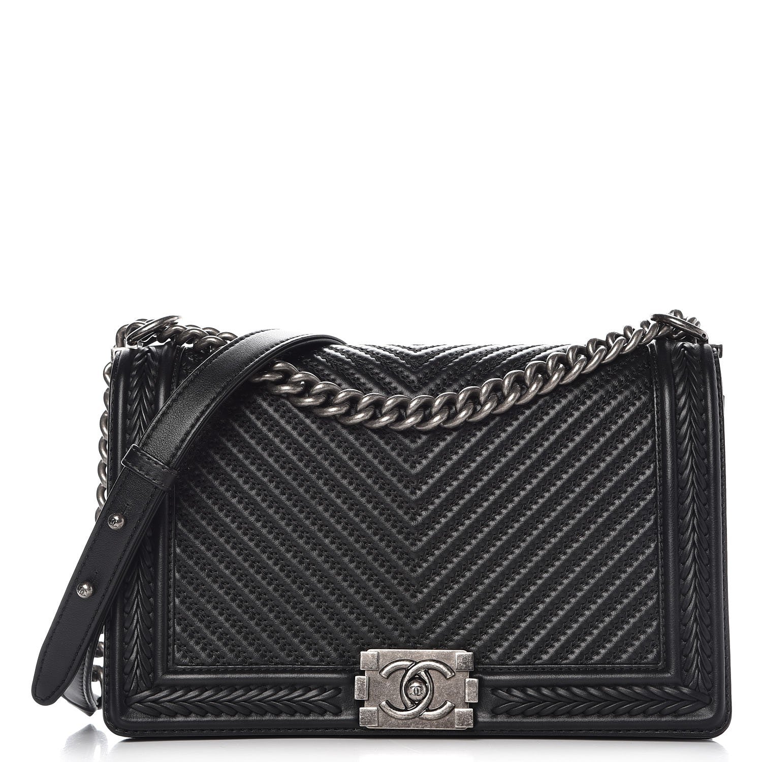 Chanel Calfskin Chevron Quilted New Medium Braided Boy Flap Black 1 of 8