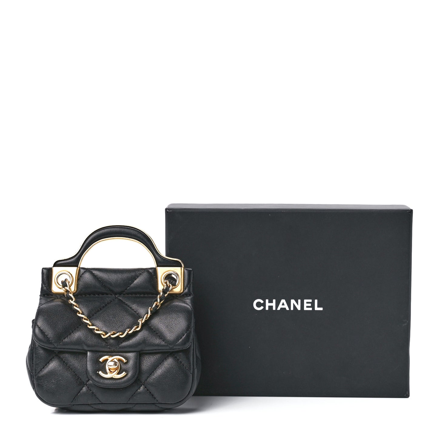 Calfskin Quilted Lady Handle Flap Card Holder With Chain Black
