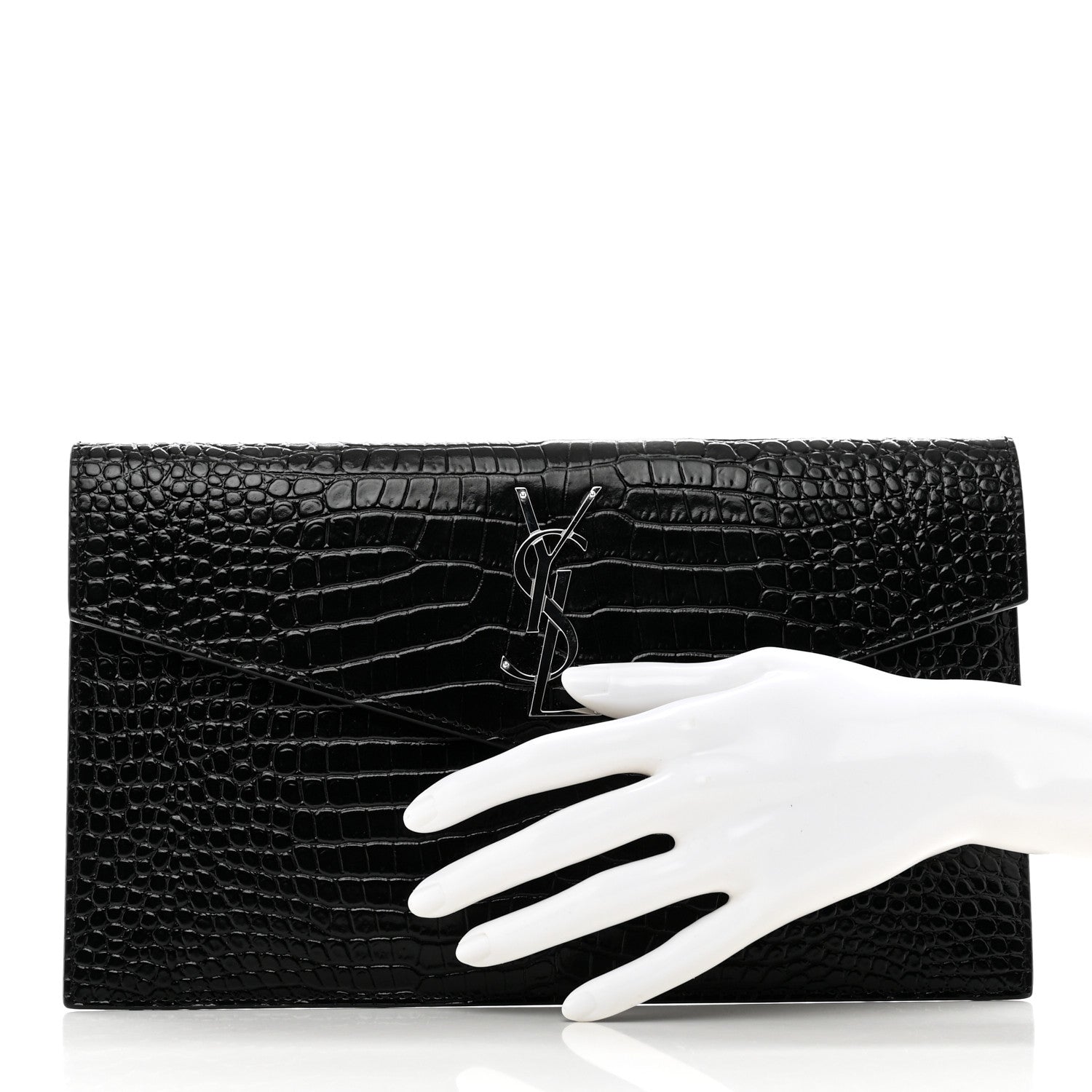 Saint Laurent Calfskin Crocodile Embossed Uptown Monogram Clutch Black 2 of 6