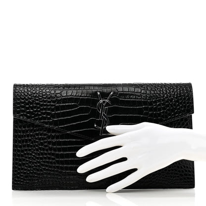 Saint Laurent Calfskin Crocodile Embossed Uptown Monogram Clutch Black 2 of 6