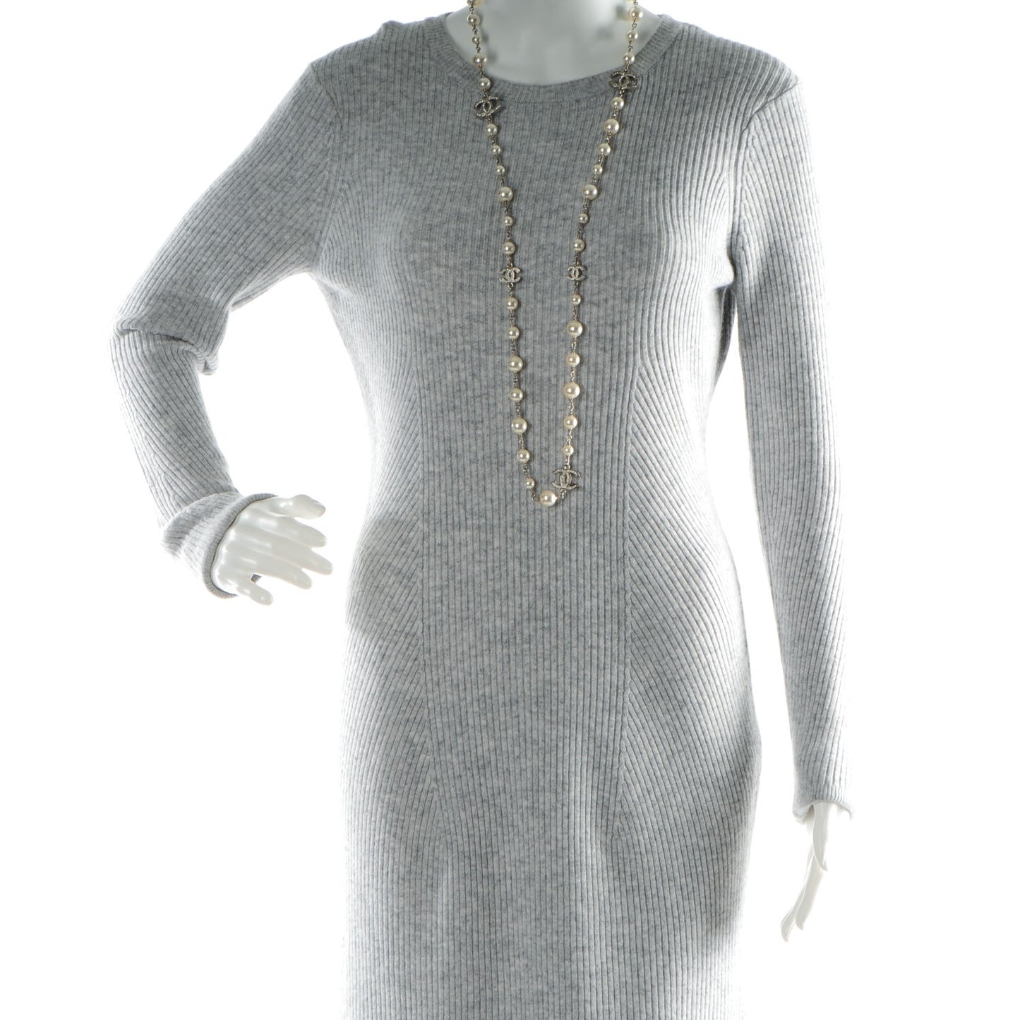 Crystal Pearl CC Long Necklace Silver