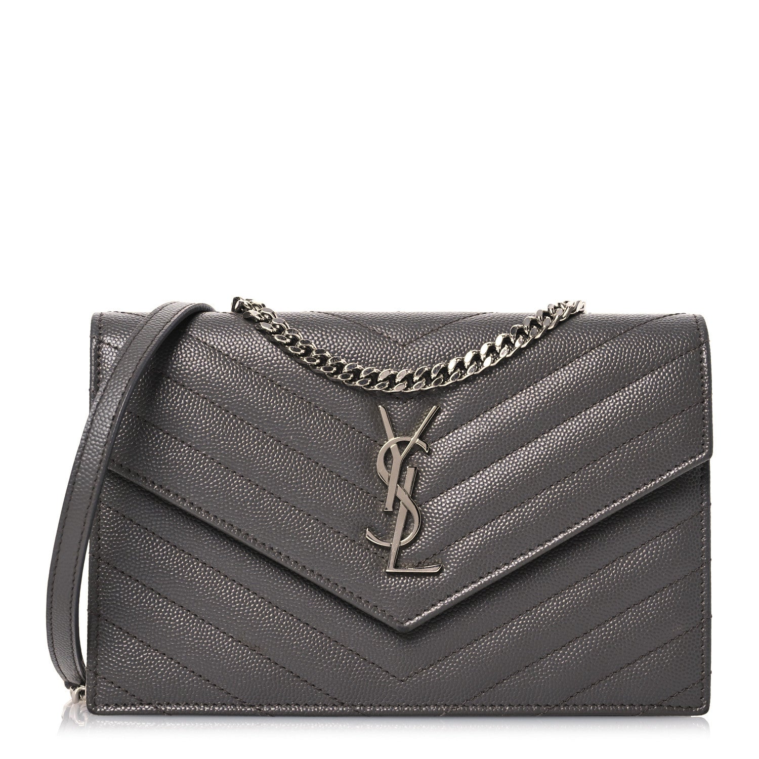 Saint Laurent Grain De Poudre Matelasse Chevron Monogram Envelope Chain Wallet Coal 1 of 17
