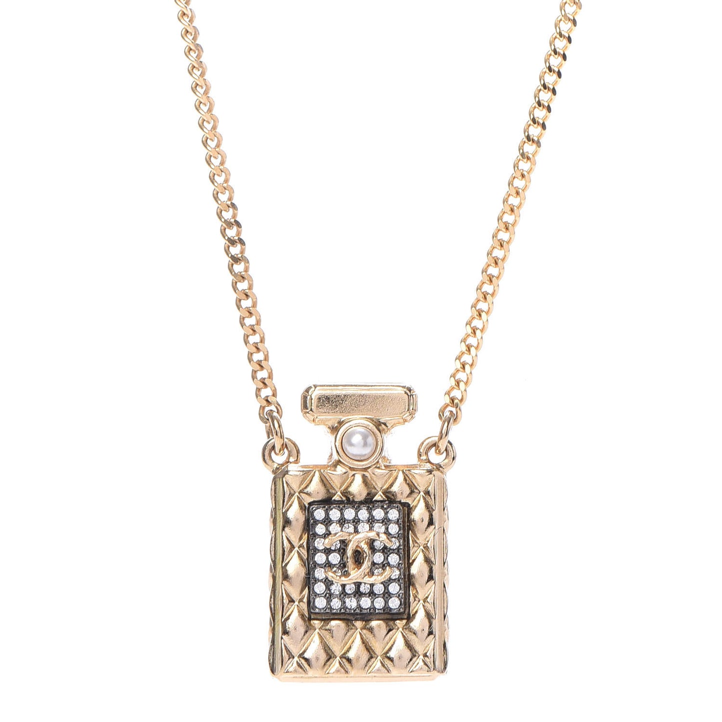Crystal Pearl Perfume Bottle CC Necklace Gold