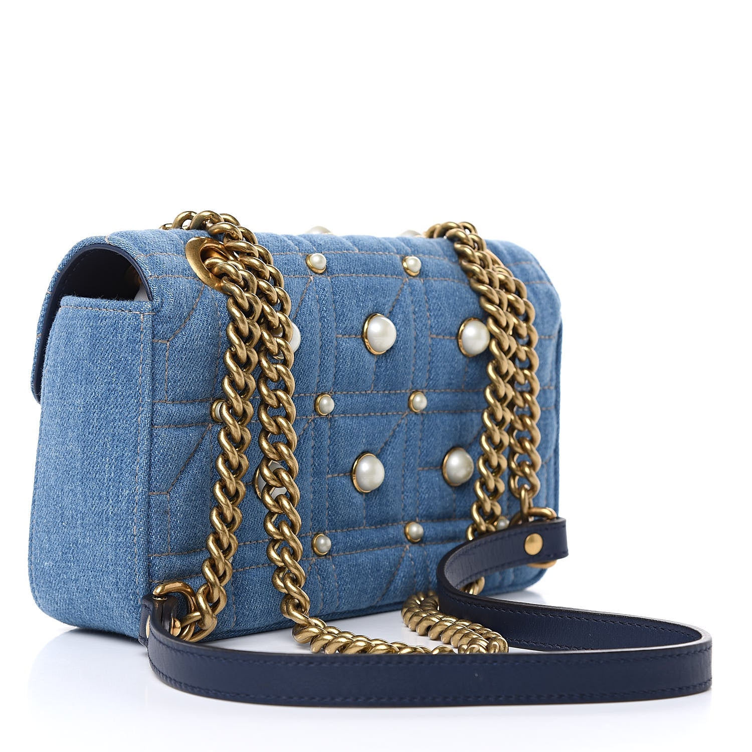 Gucci Denim Matelasse Pearl Studded Mini GG Marmont Shoulder Bag Blue 3 of 11