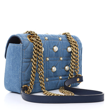 Gucci Denim Matelasse Pearl Studded Mini GG Marmont Shoulder Bag Blue 3 of 11
