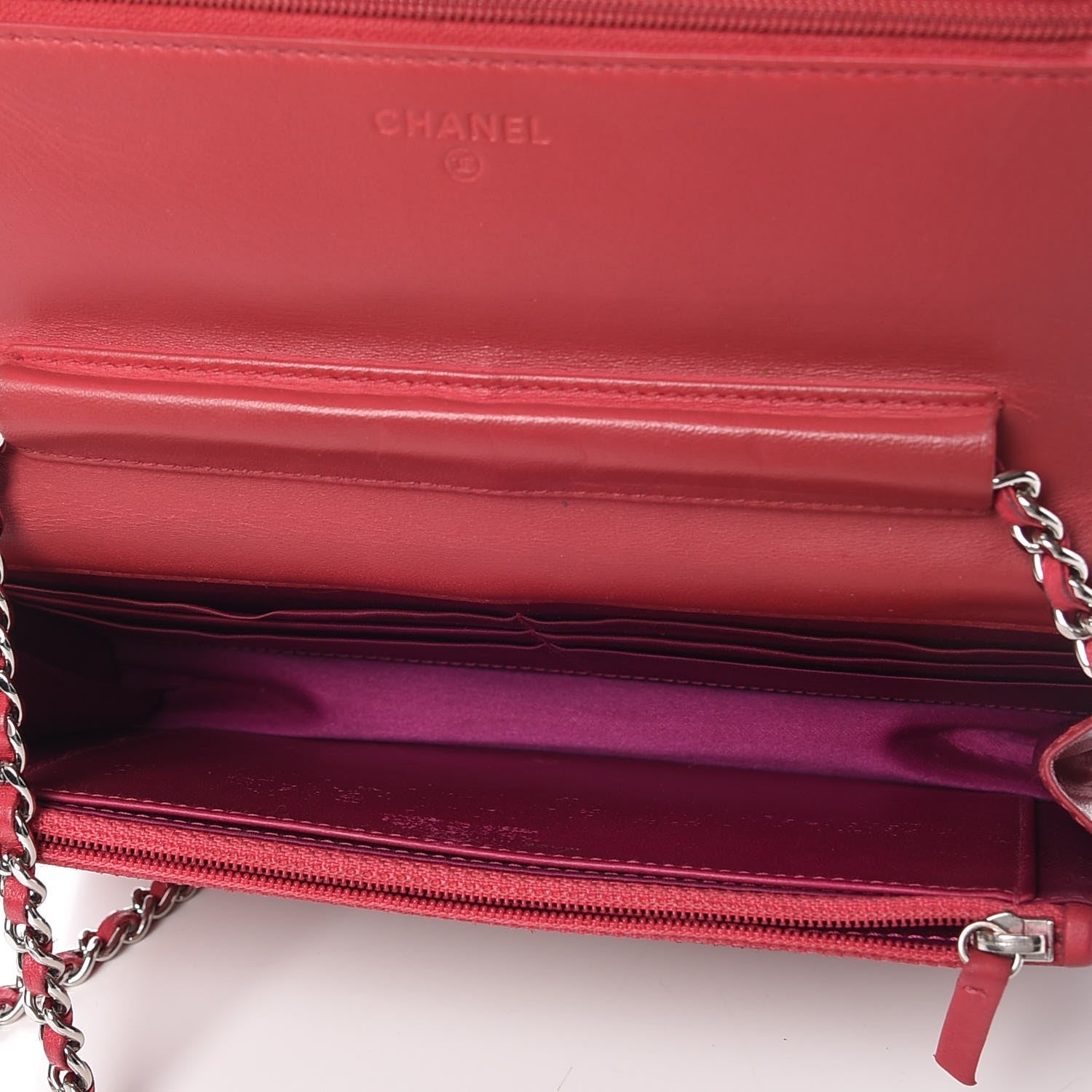 Chanel Lambskin Camellia Embossed Wallet On Chain WOC Red 10 of 14