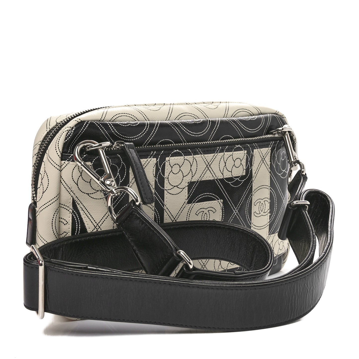 Coated Canvas Calfskin Camellia Printed Camera Case Black Beige