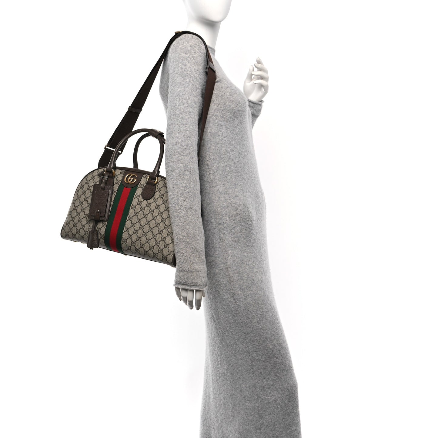 GG Supreme Monogram Textured Dollar Calfskin Web Medium Savoy Bowling Bag Beige Ebony New Acero