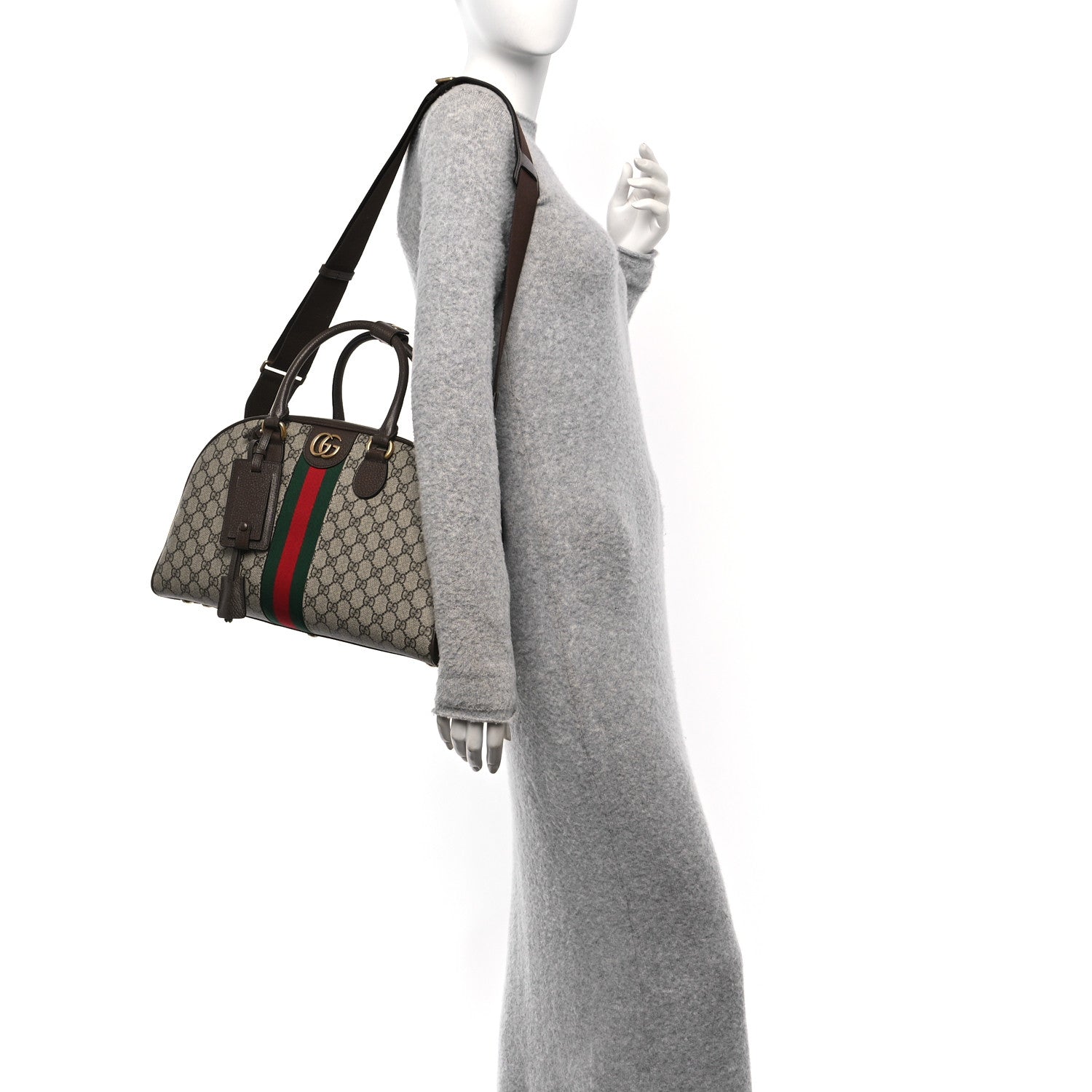 Gucci GG Supreme Monogram Textured Dollar Calfskin Web Medium Savoy Bowling Bag Beige Ebony New Acero 2 of 10