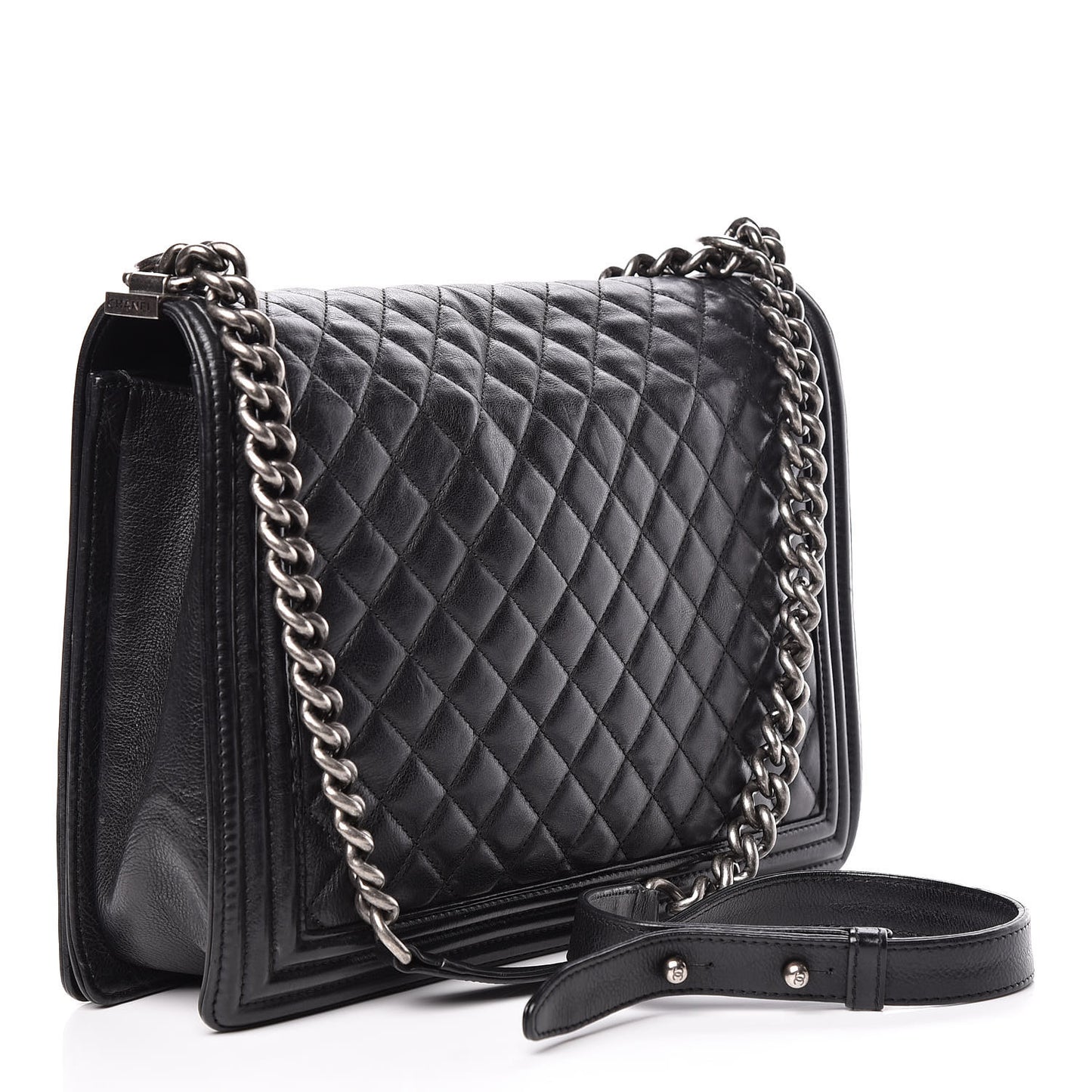 Calfskin Quilted Large Boy Flap Black