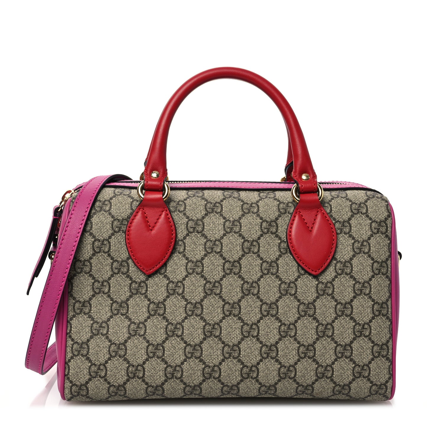 GG Supreme Monogram Moon Calfskin Small Boston Beige Ebony Hibiscus Red New Rosette