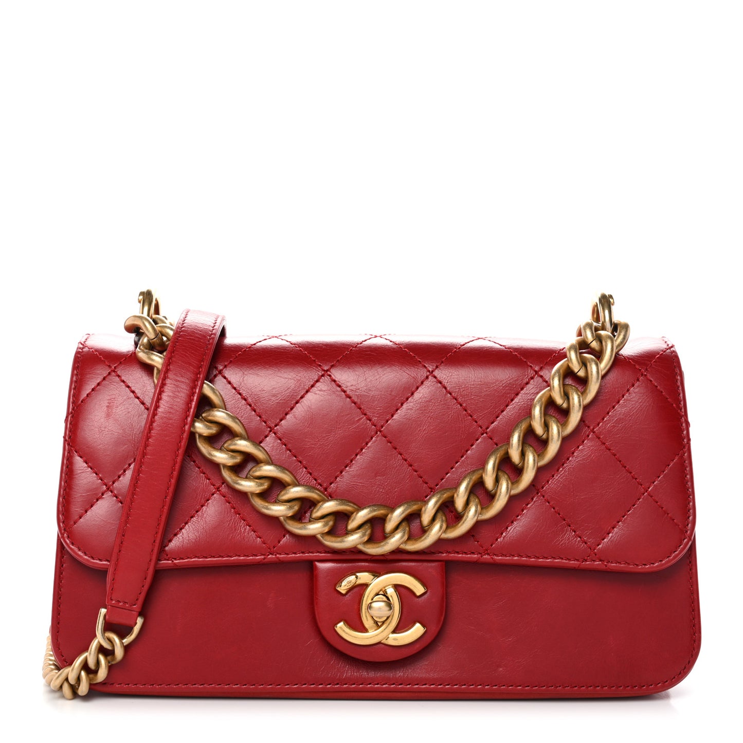 Iridescent Calfskin Quilted Small Straight Lined Flap Red