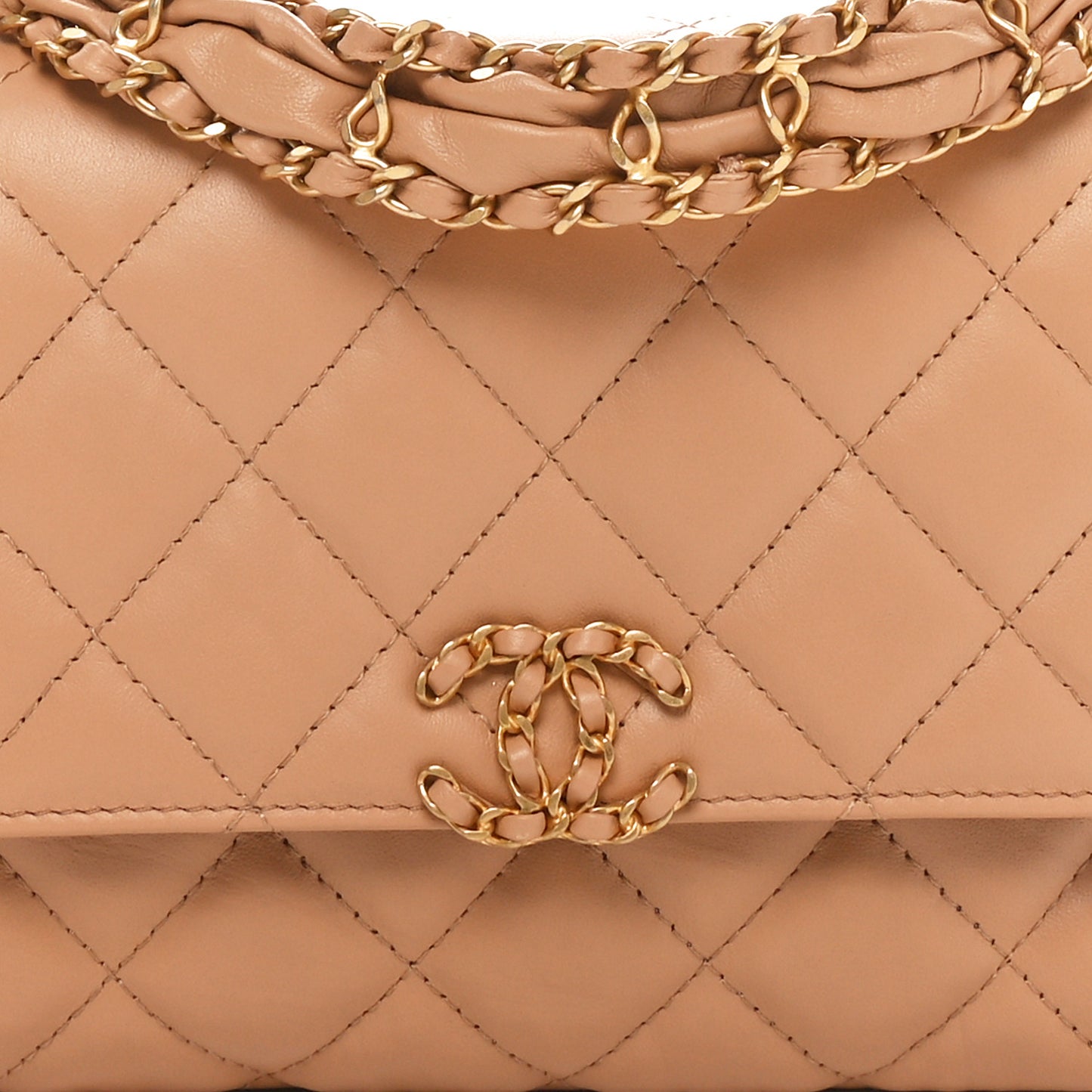 Crumpled Calfskin Quilted Braided CC Flap Beige