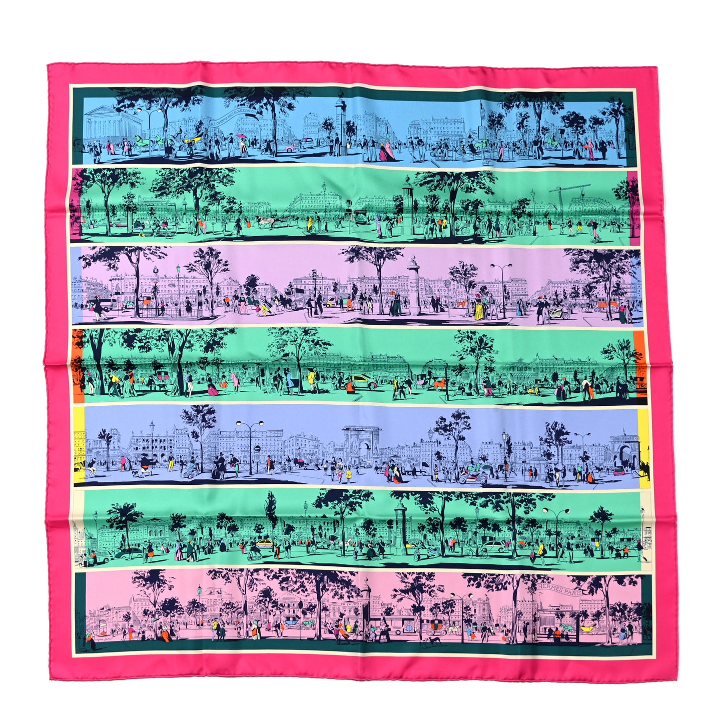 Silk A l'Ombre des Boulevards Scarf 90 Rose Vif Vert Bleu