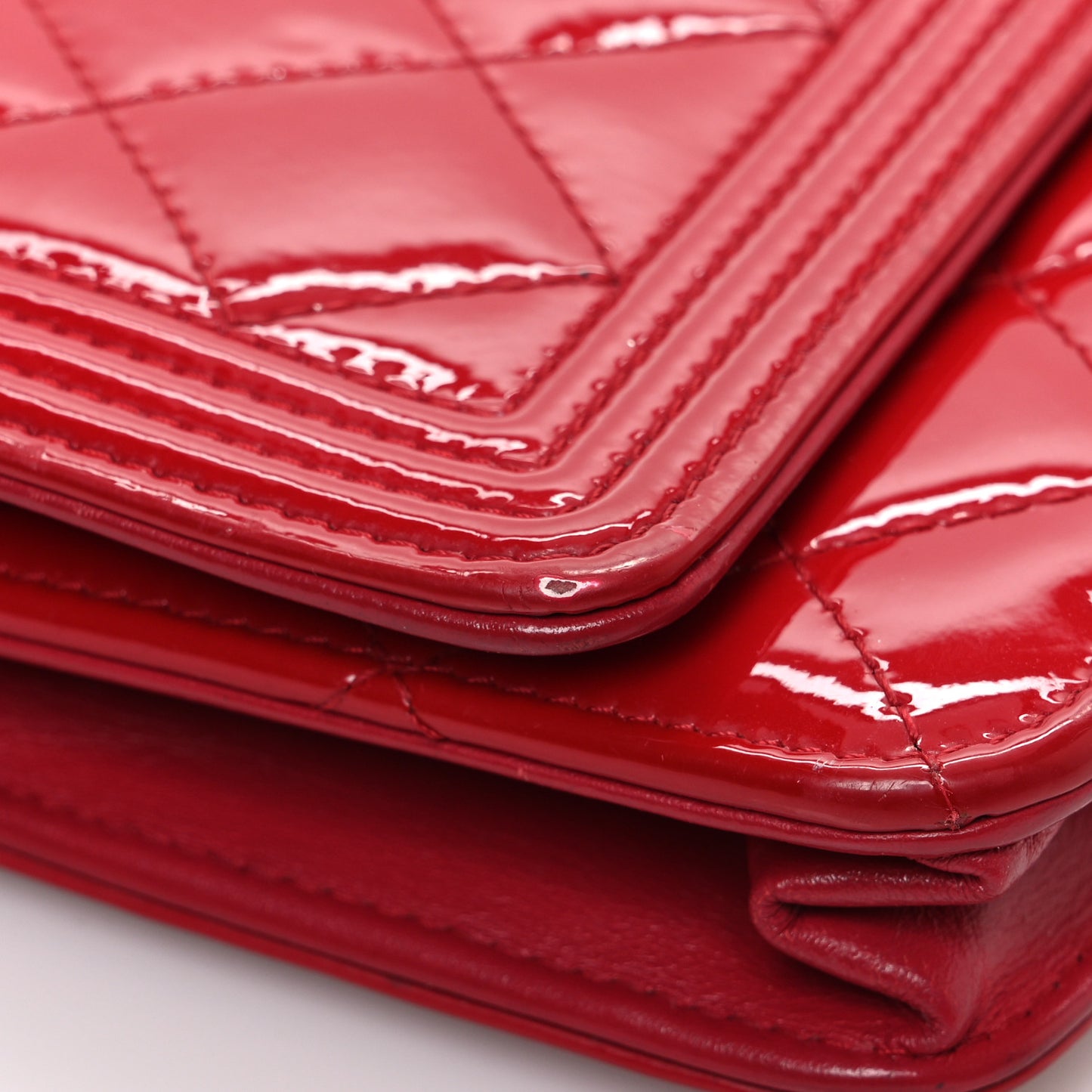 Patent Calfskin Quilted Boy Wallet On Chain WOC Red