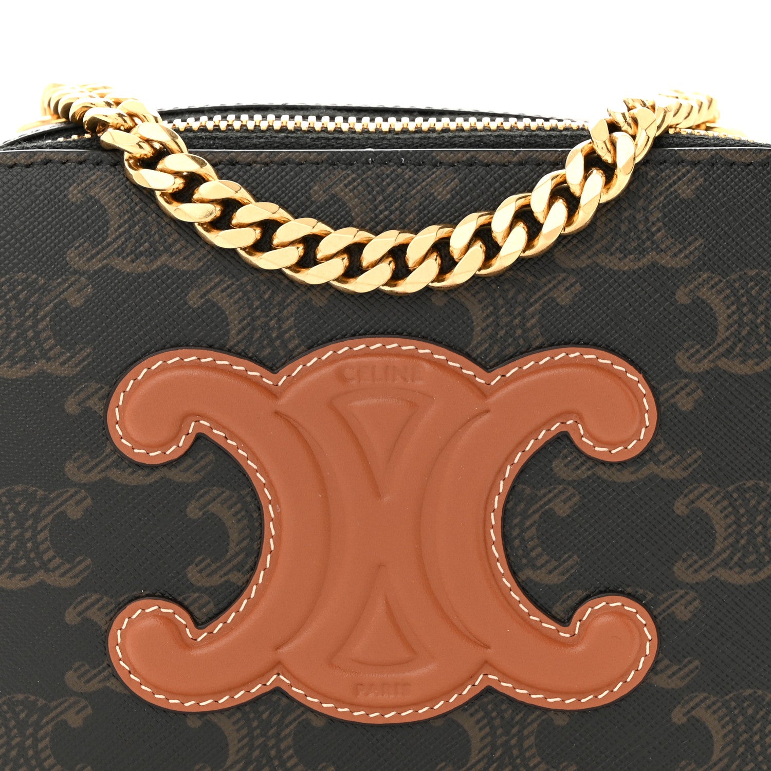 Celine Triomphe Canvas Calfskin Cuir Box On Chain Tan 8 of 11