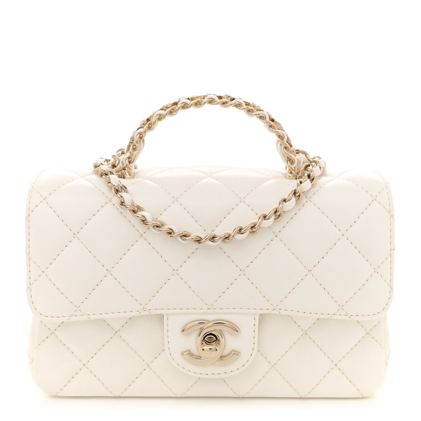 Lambskin Quilted Mini Crystal Top Handle Rectangular Flap White