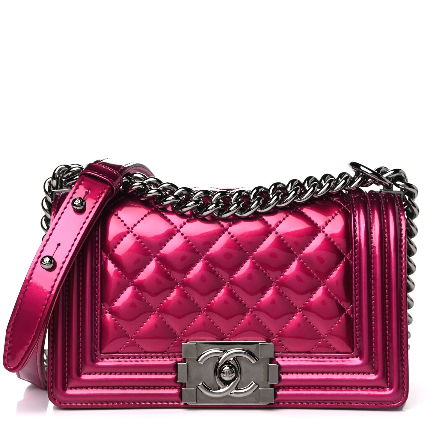Metallic Patent Calfskin Quilted Small Boy Flap Pink