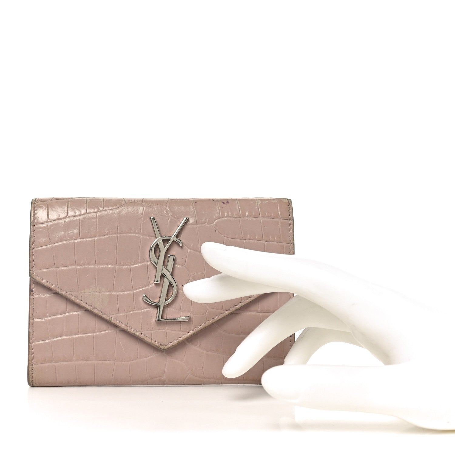 Saint Laurent Calfskin Crocodile Embossed Small Monogram Envelope Wallet Rose Antic 2 of 9