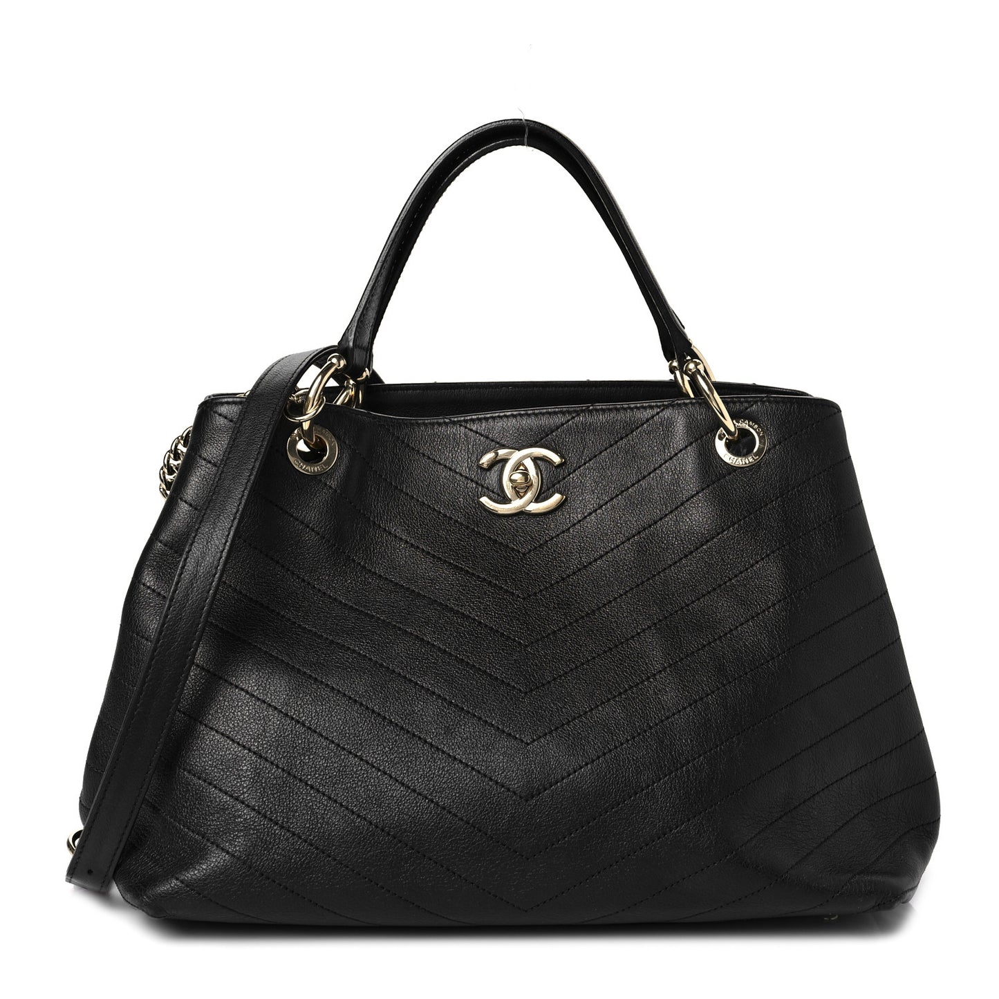 Calfskin Stitched Large Chevron Chic Shopping Bag Black