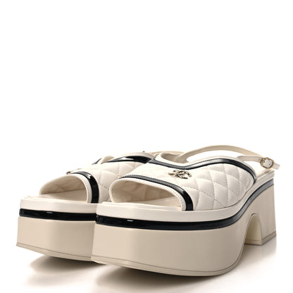 Chanel Lambskin Patent Quilted CC Platform Sandals 39 White Black 3 of 8