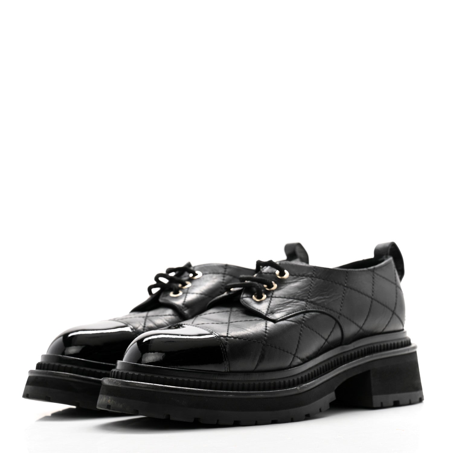 Chanel Calfskin Patent Stitched Cap Toe Lace Up Oxfords 37 Black 3 of 11