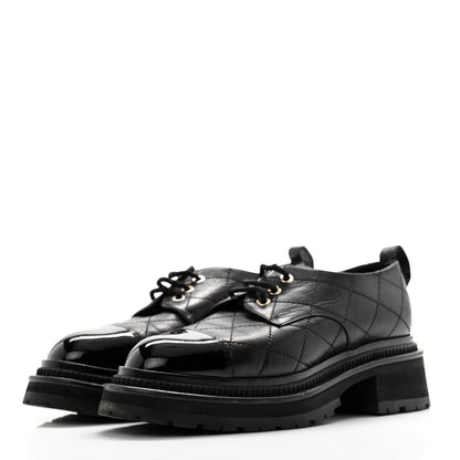 Chanel Calfskin Patent Stitched Cap Toe Lace Up Oxfords 37 Black 3 of 11