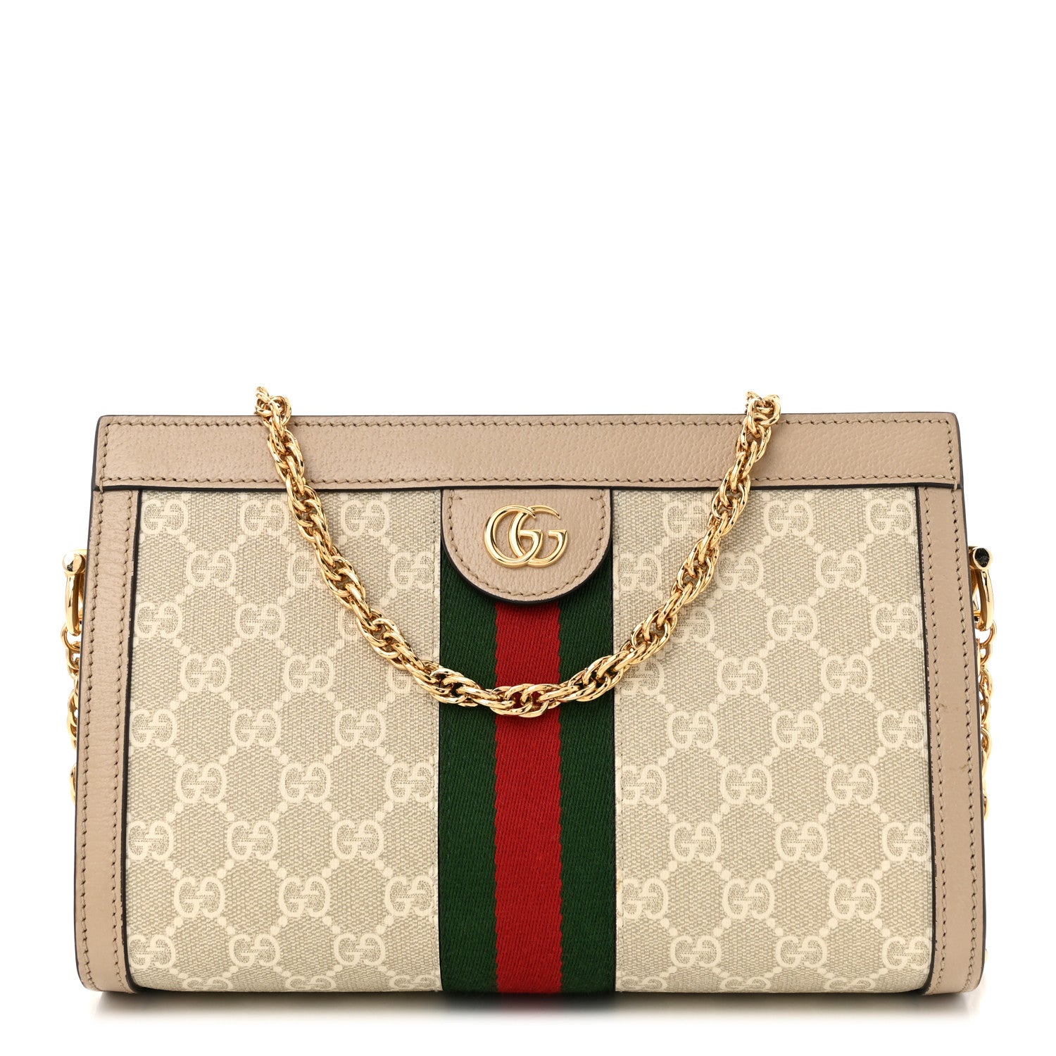 Gucci GG Supreme Monogram Textured Dollar Calfskin Web Small Ophidia Chain Shoulder Bag Beige Mystic White Oatmeal 1 of 10