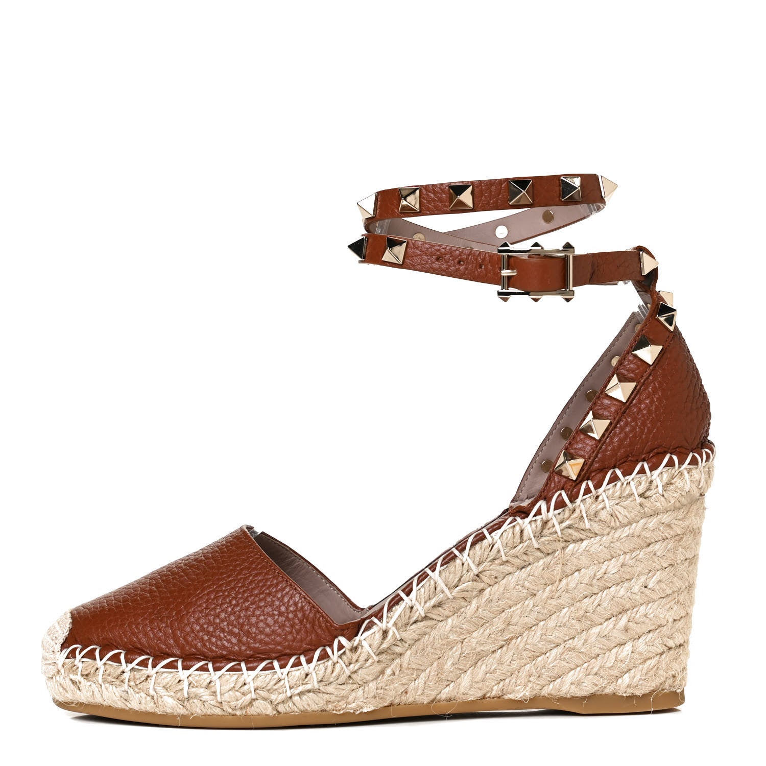 Valentino Garavani Grained Calfskin Rockstud Ankle Wrap Espadrille 15/85mm Wedges 35 Cuoio 1 of 9