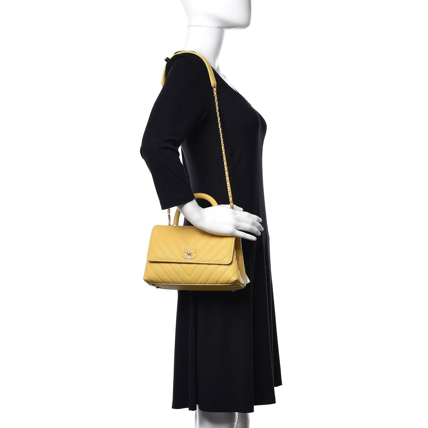 Chanel Caviar Chevron Quilted Mini Coco Handle Flap Yellow 2 of 9