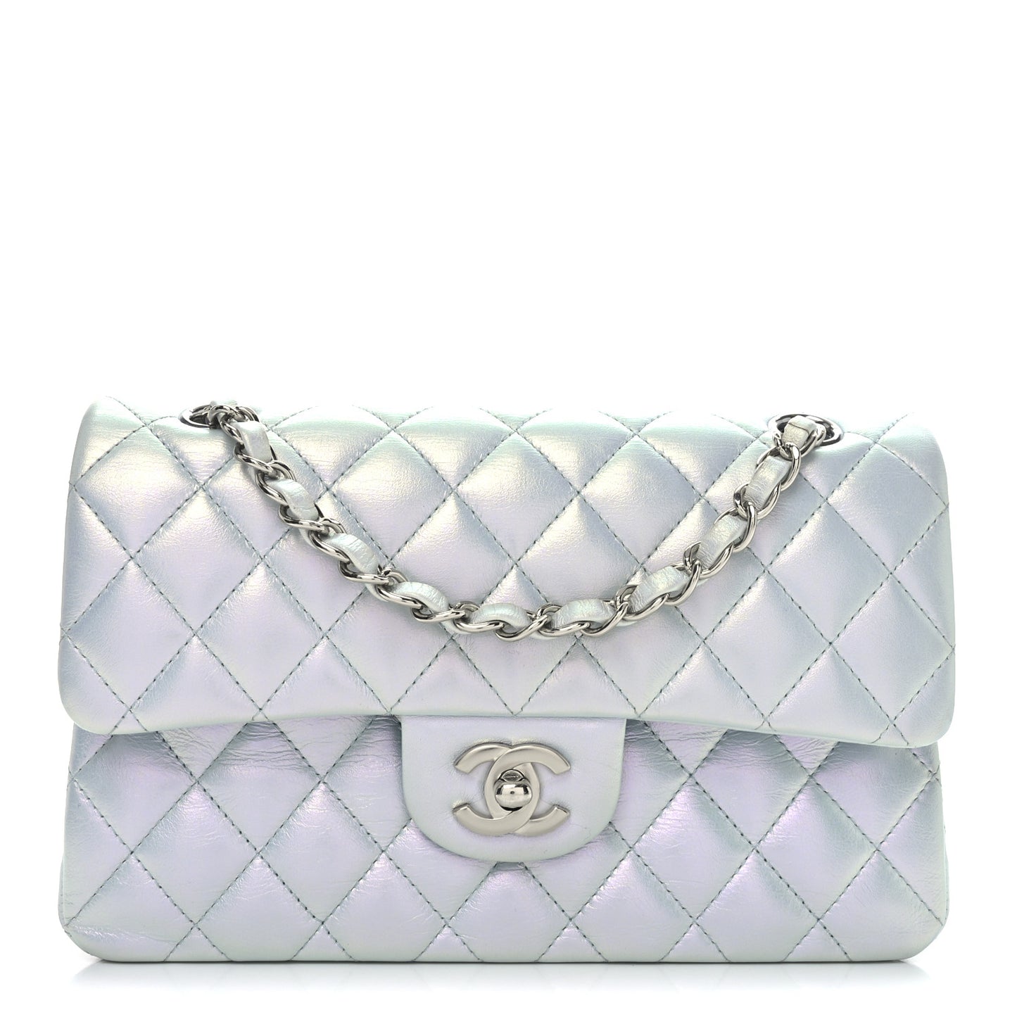 Iridescent Calfskin Quilted Small Double Flap Light Blue